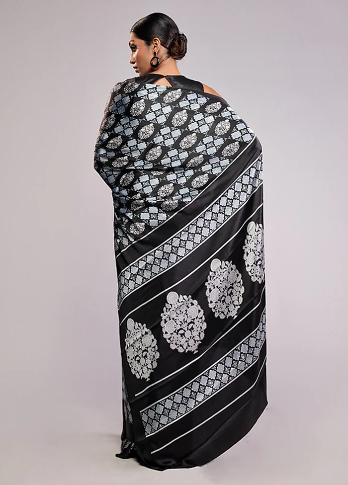Black Printed Silk Saree With Blouse Piece - Image 3