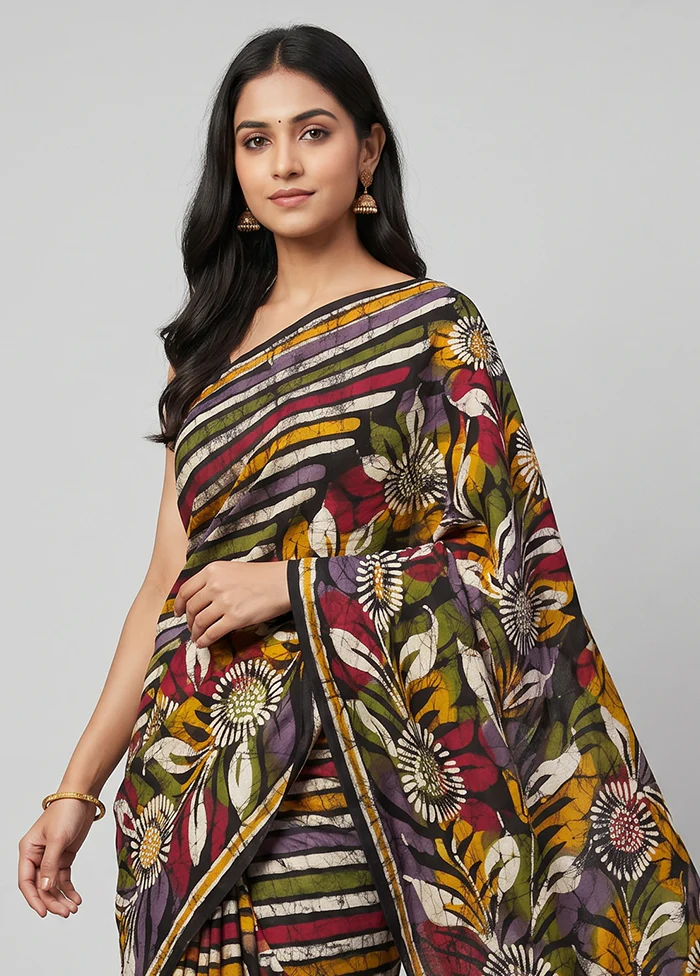 Black Printed Silk Saree Without Blouse Piece - Image 2