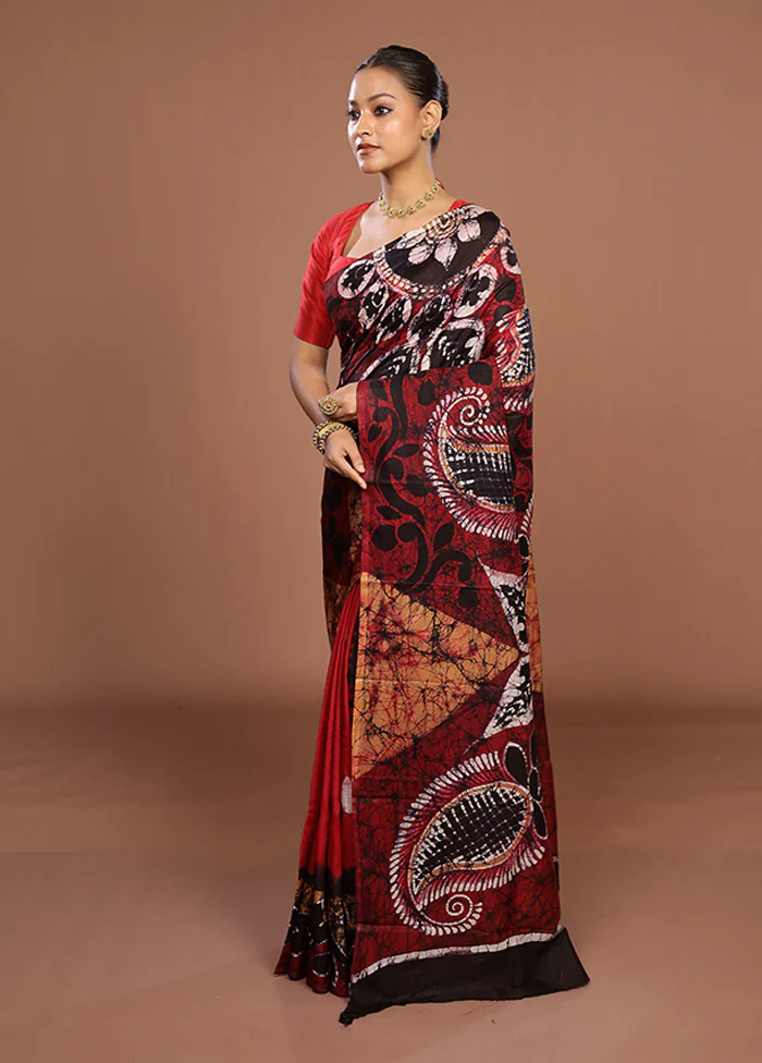 Maroon Printed Silk Saree Without Blouse Piece - Image 4