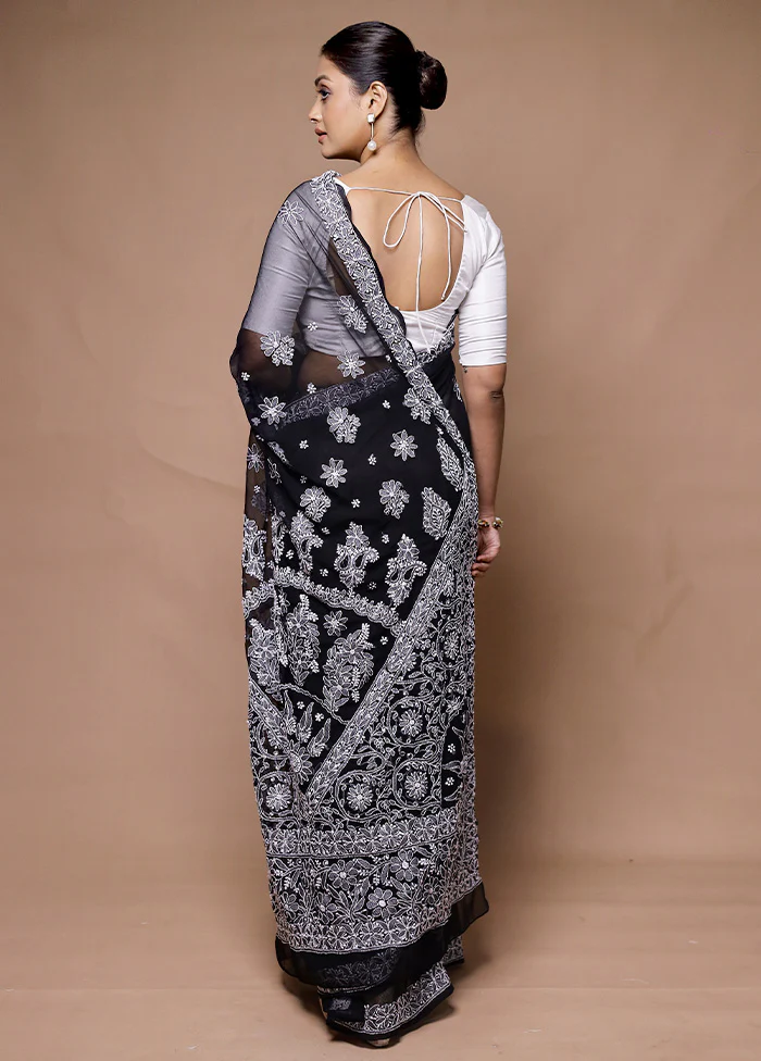Black Pure Cotton Saree With Blouse Piece - Image 3