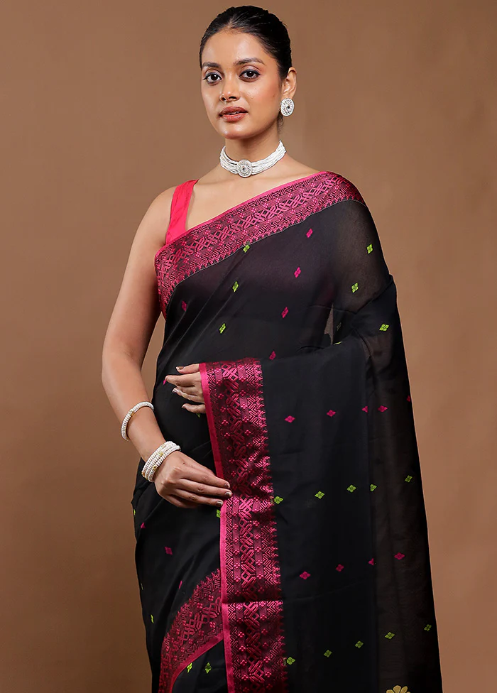 Black Pure Cotton Saree With Blouse Piece - Image 2