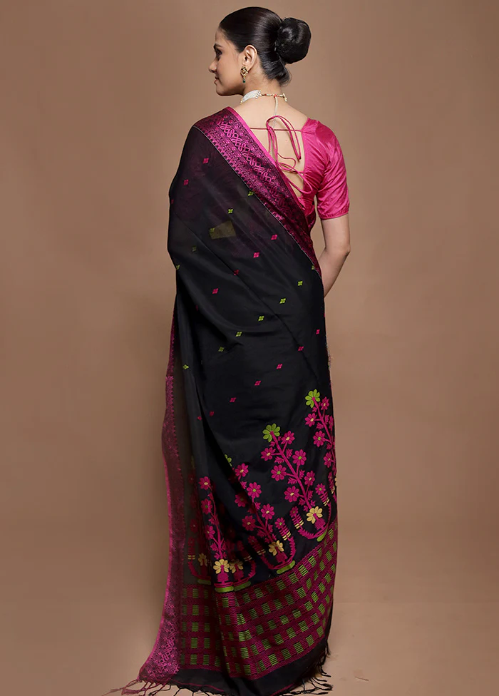Black Pure Cotton Saree With Blouse Piece - Image 3