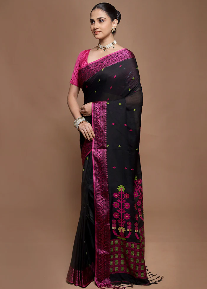 Black Pure Cotton Saree With Blouse Piece - Image 4