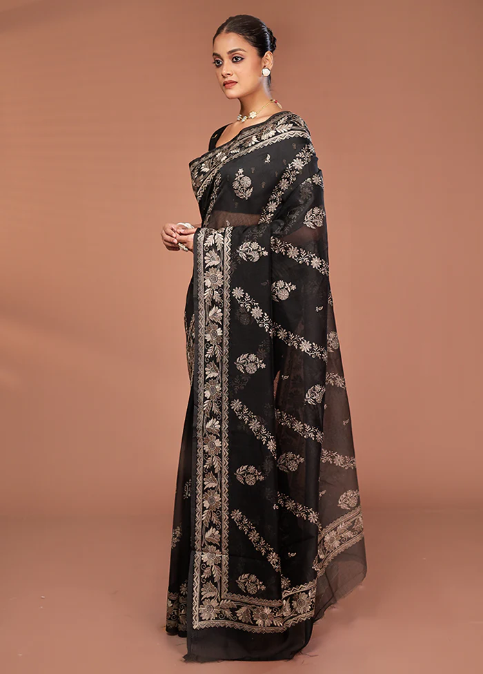 Black Pure Cotton Saree With Blouse Piece - Image 4