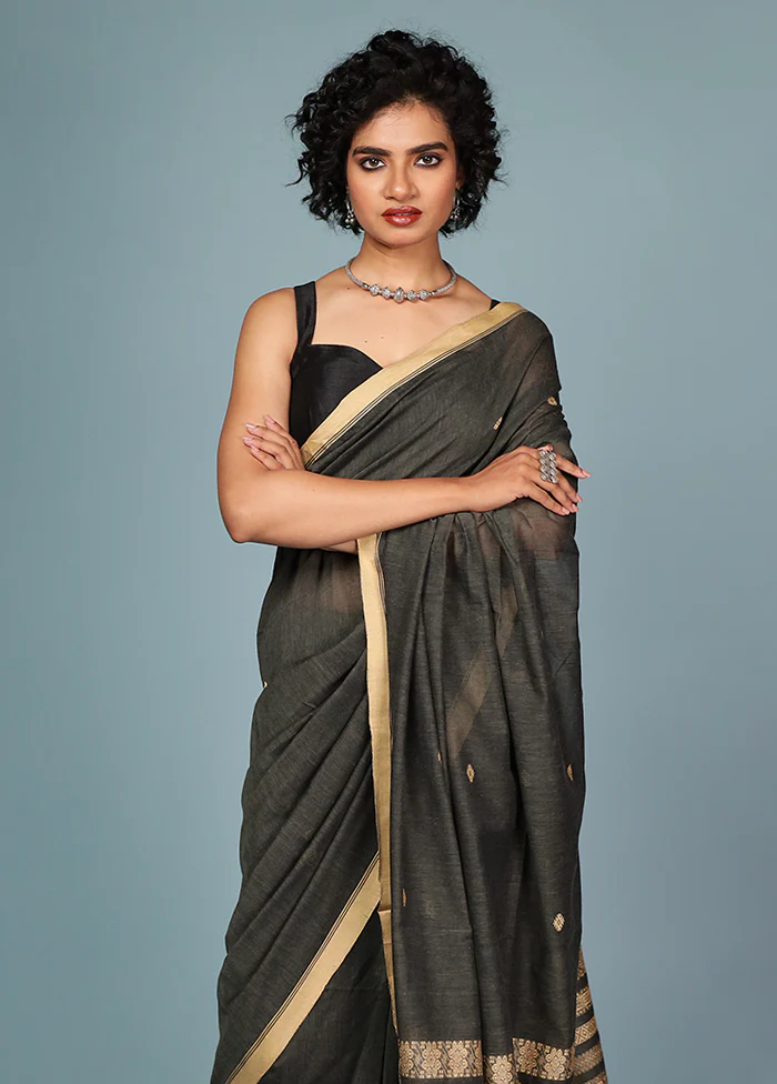 Black Pure Cotton Saree Without Blouse Piece