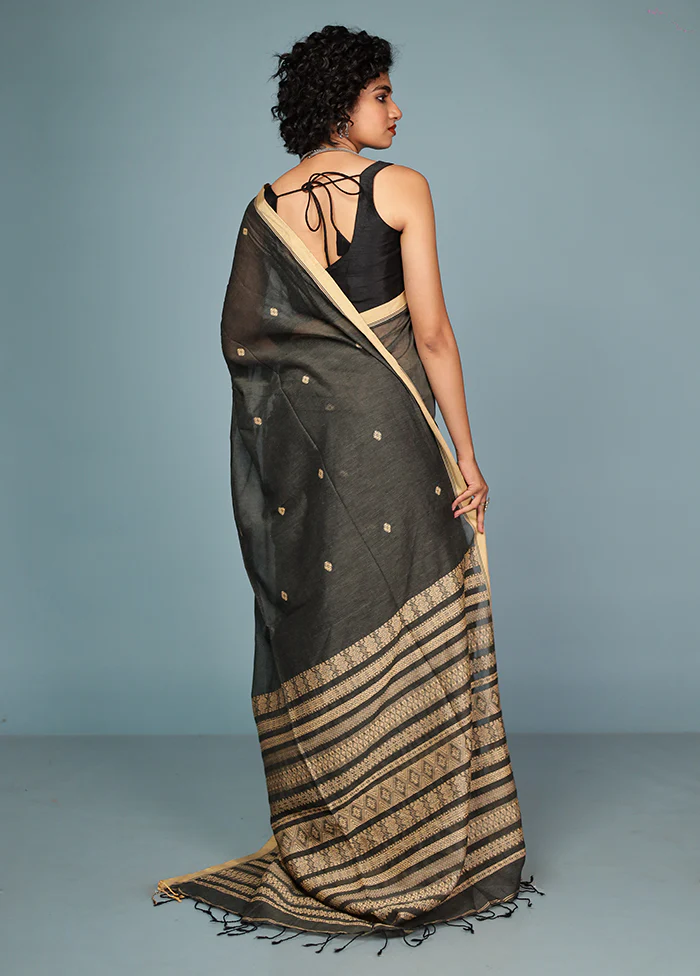 Black Pure Cotton Saree Without Blouse Piece - Image 3