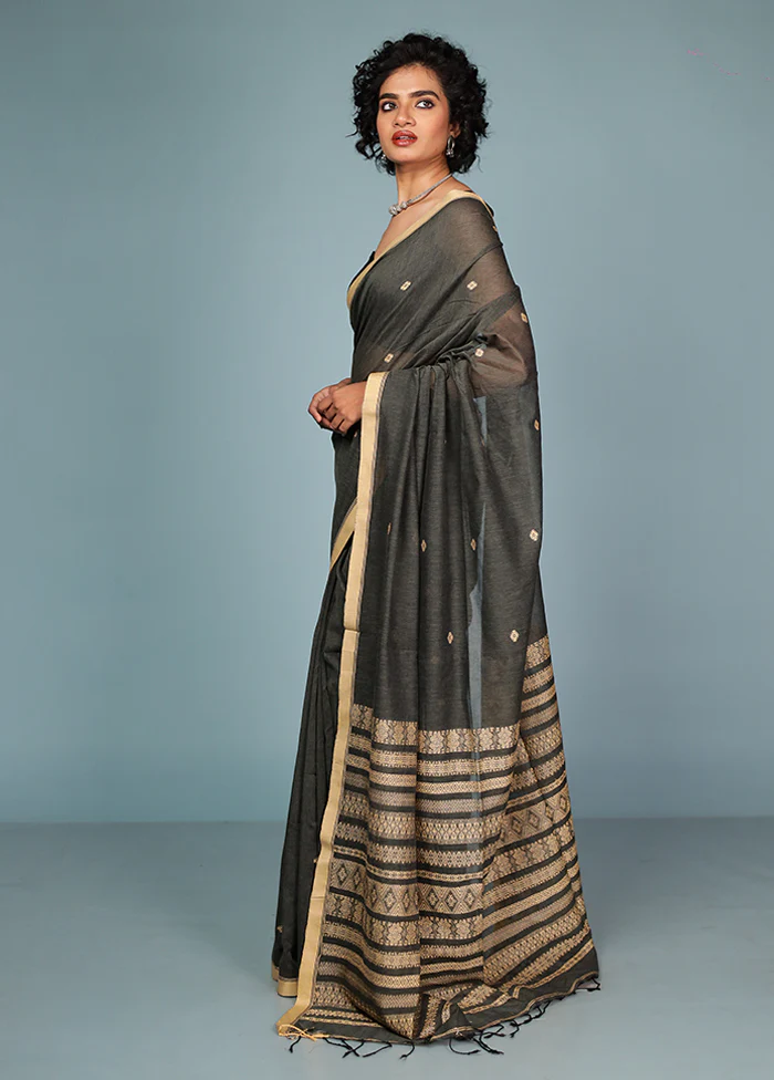 Black Pure Cotton Saree Without Blouse Piece - Image 4