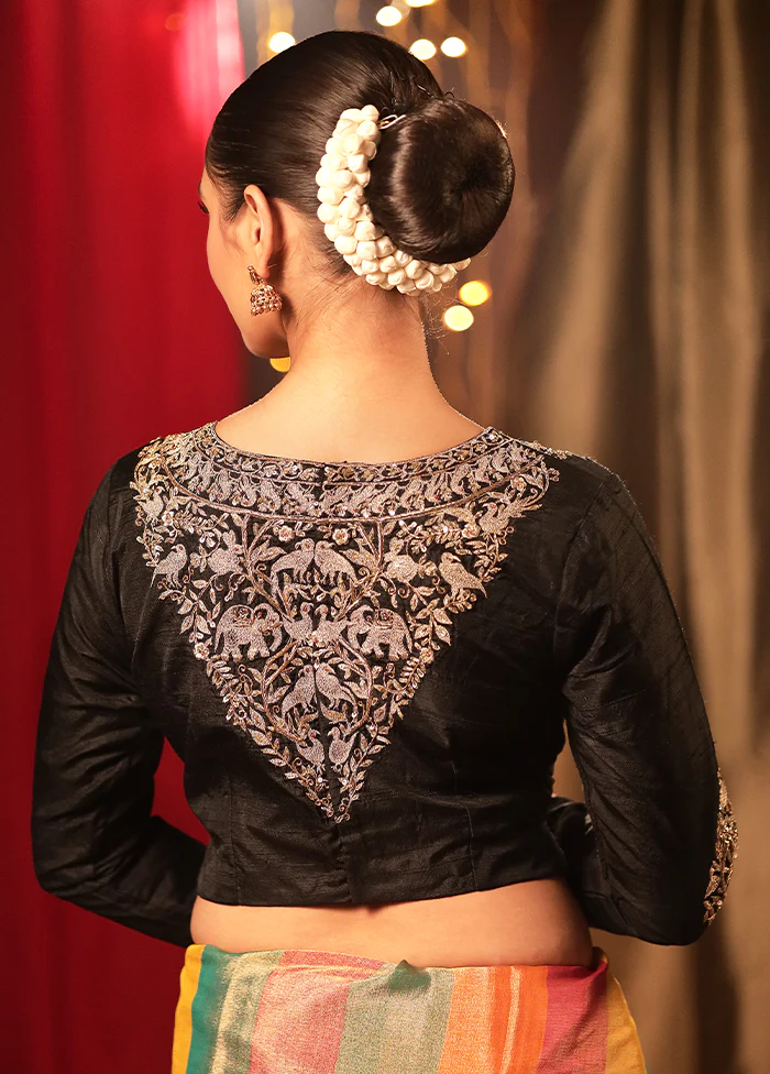 Black Raw Silk Designer Blouse - Image 2