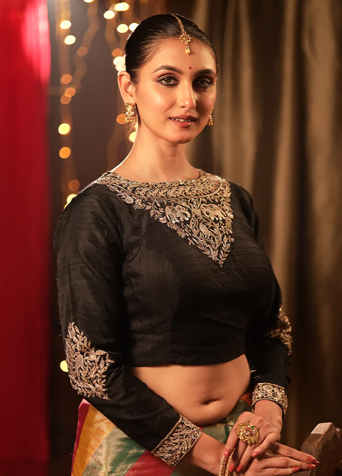 Black Raw Silk Designer Blouse - Image 3
