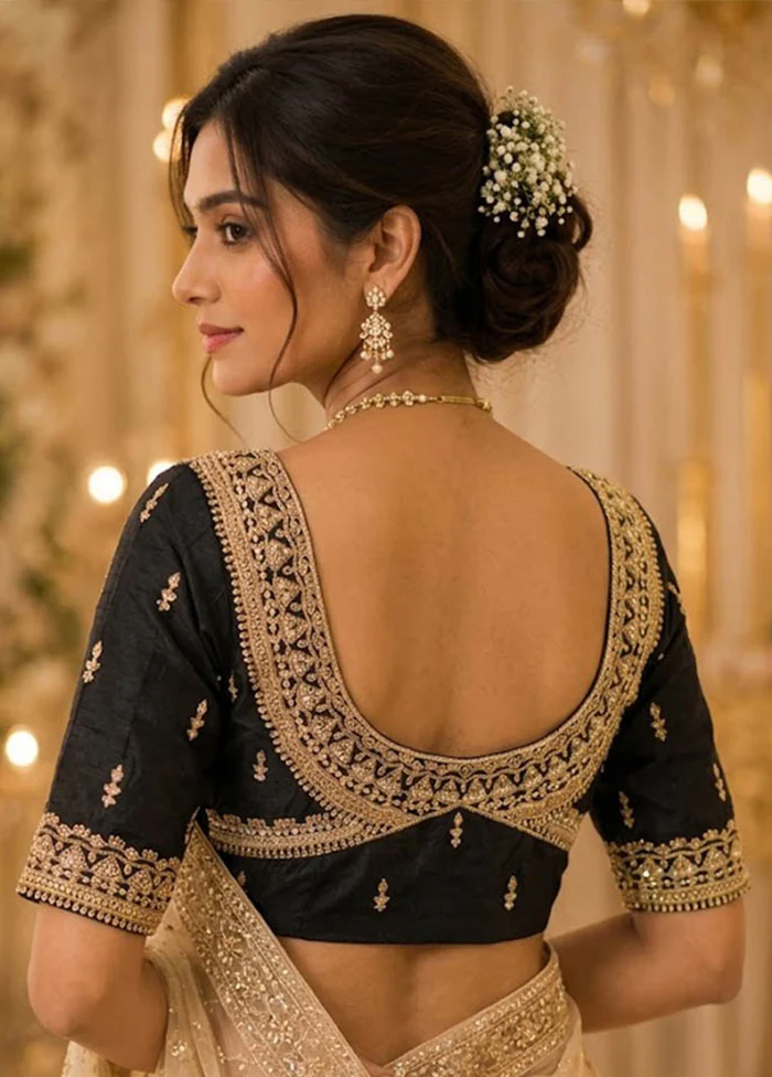 Black Round Neck Designer Blouse - Image 2