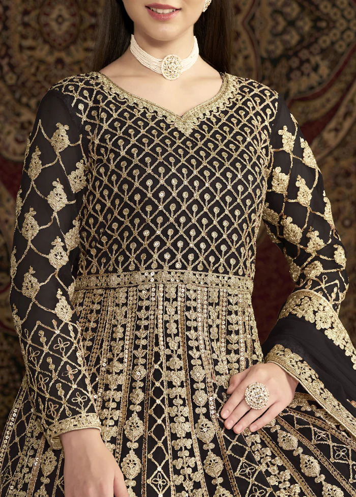 Black Semi Stitched Net Dupatta Indian Dress - Image 2