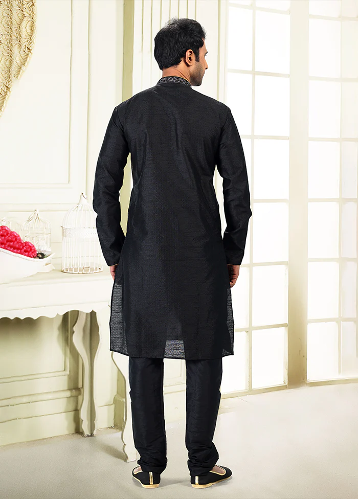 Black Silk Kurta & Pajama Set - Image 3
