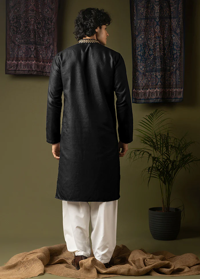 Black Silk Kurta & Pajama Set - Image 3