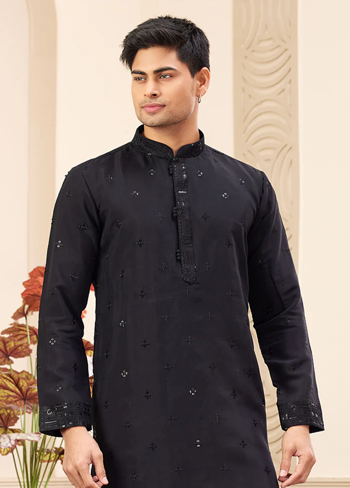 Black Silk Kurta & Pajama Set - Image 2