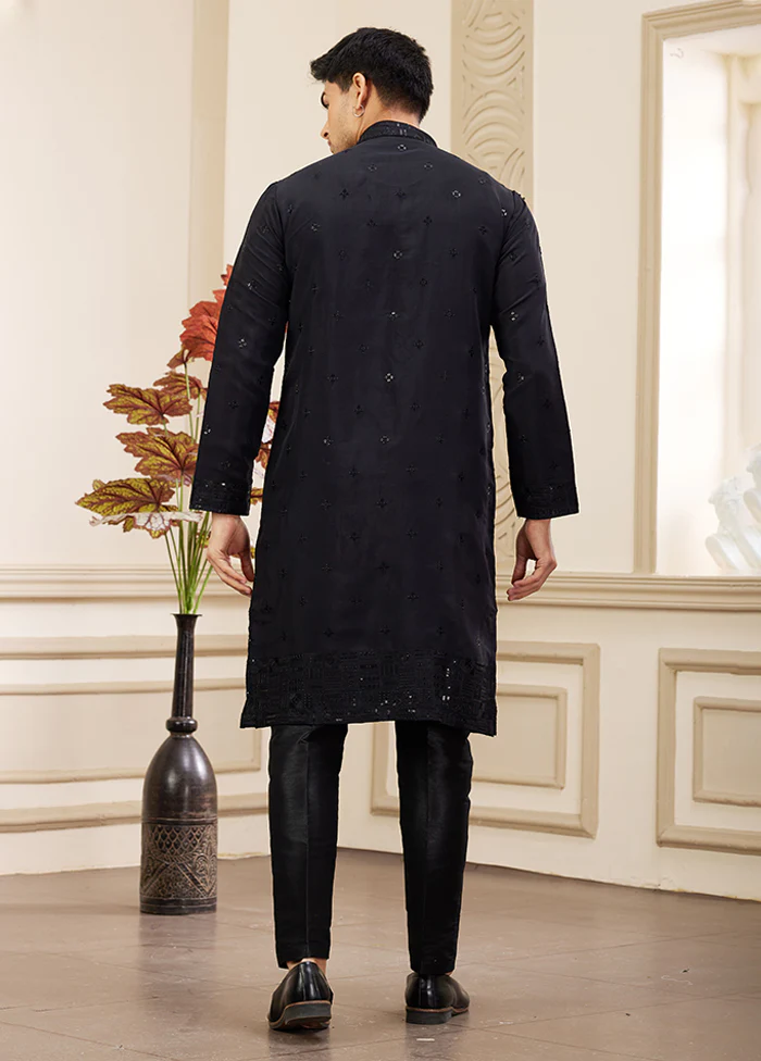 Black Silk Kurta & Pajama Set - Image 3