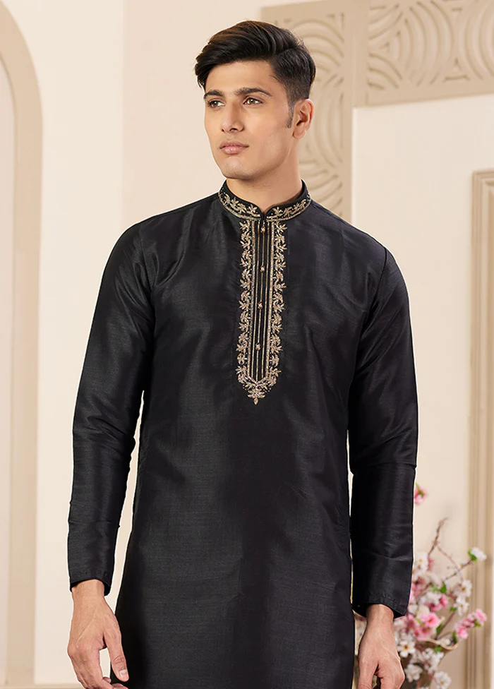 Black Silk Kurta & Pajama Set - Image 2
