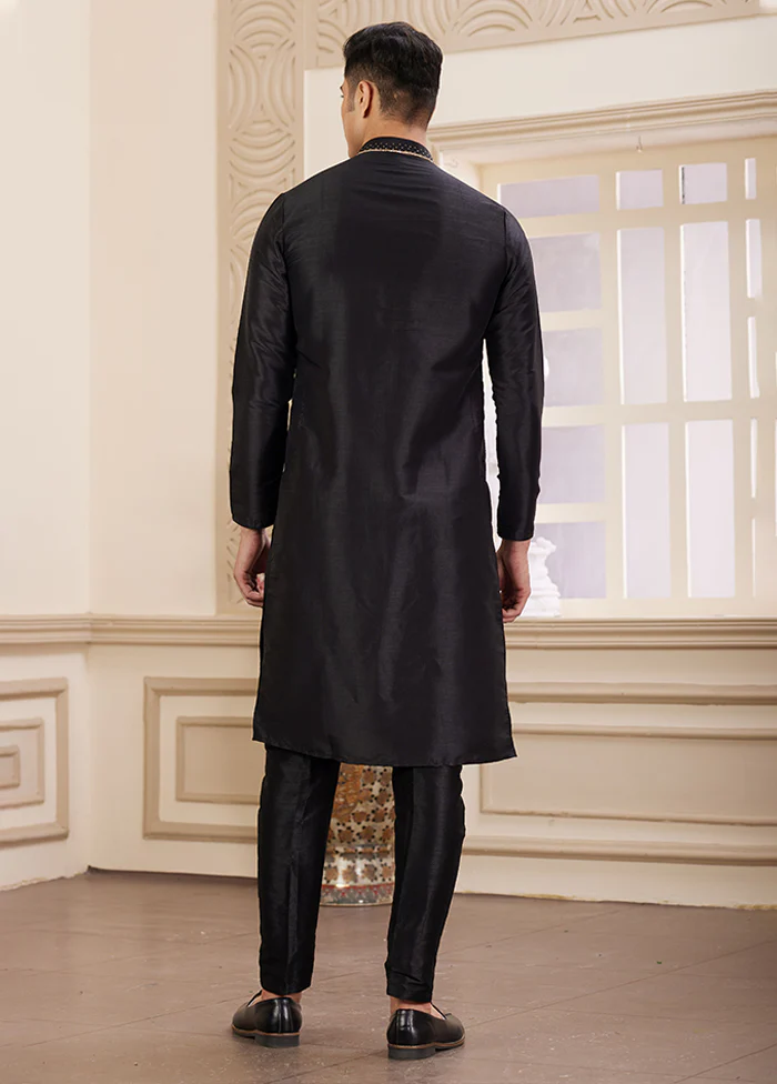 Black Silk Kurta & Pajama Set - Image 3