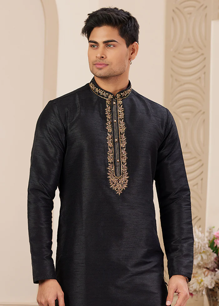 Black Silk Kurta & Pajama Set - Image 2