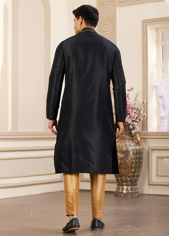 Black Silk Kurta & Pajama Set - Image 3