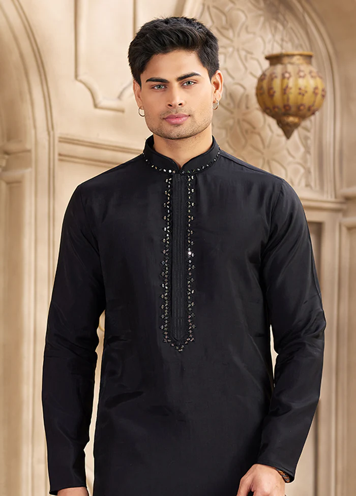 Black Silk Kurta & Pajama Set - Image 2