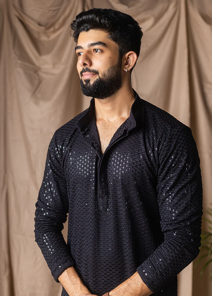 Black Silk Kurta & Pajama Set - Image 2