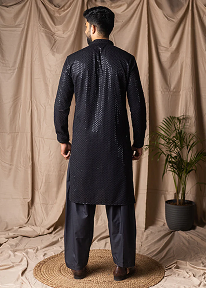 Black Silk Kurta & Pajama Set - Image 3