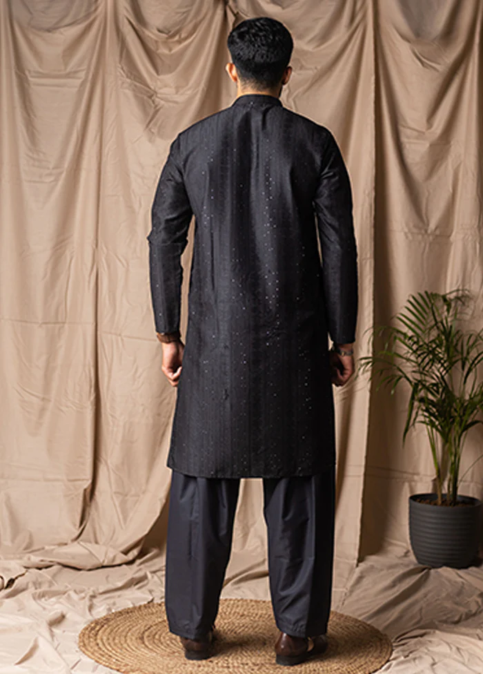 Black Silk Kurta & Pajama Set - Image 3