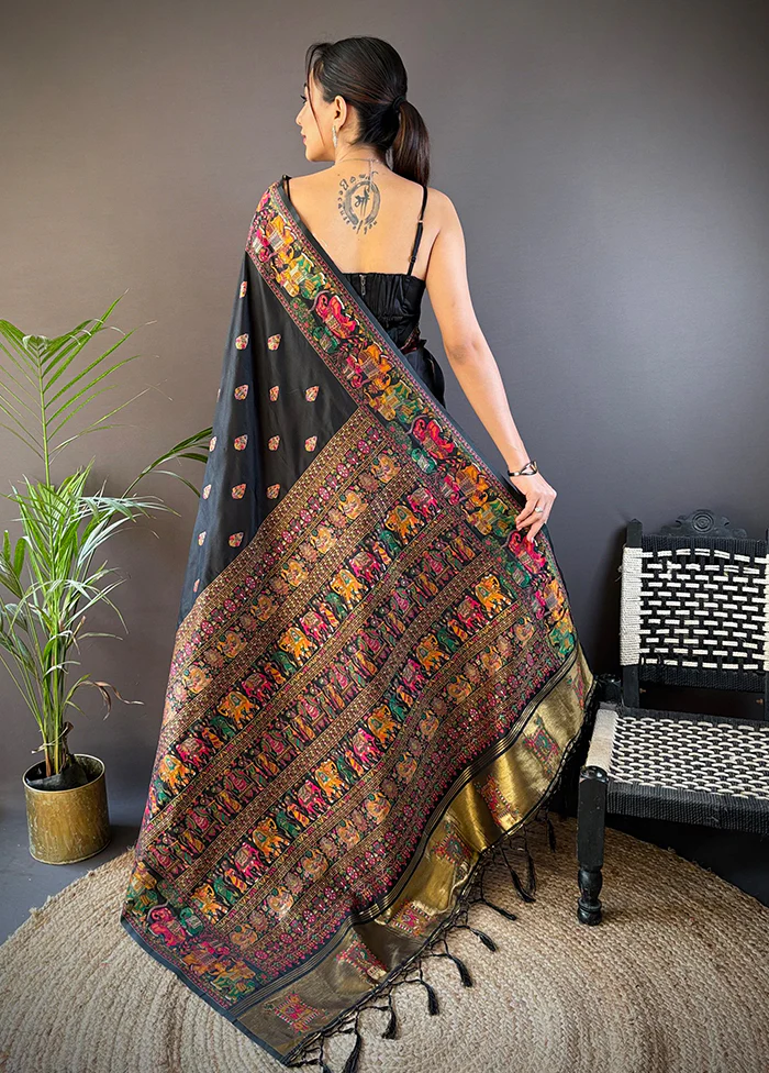 Black Spun Silk Saree With Blouse Piece - Image 3