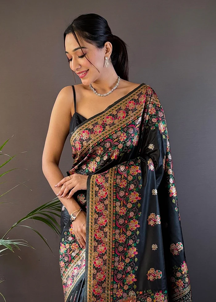Black Spun Silk Saree With Blouse Piece - Image 2