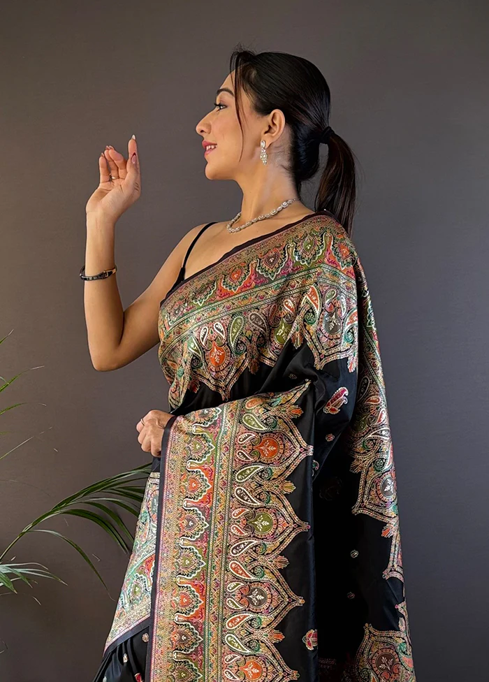 Black Spun Silk Saree With Blouse Piece - Image 2