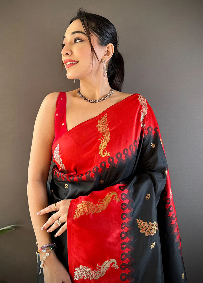 Black Spun Silk Saree With Blouse Piece - Image 2