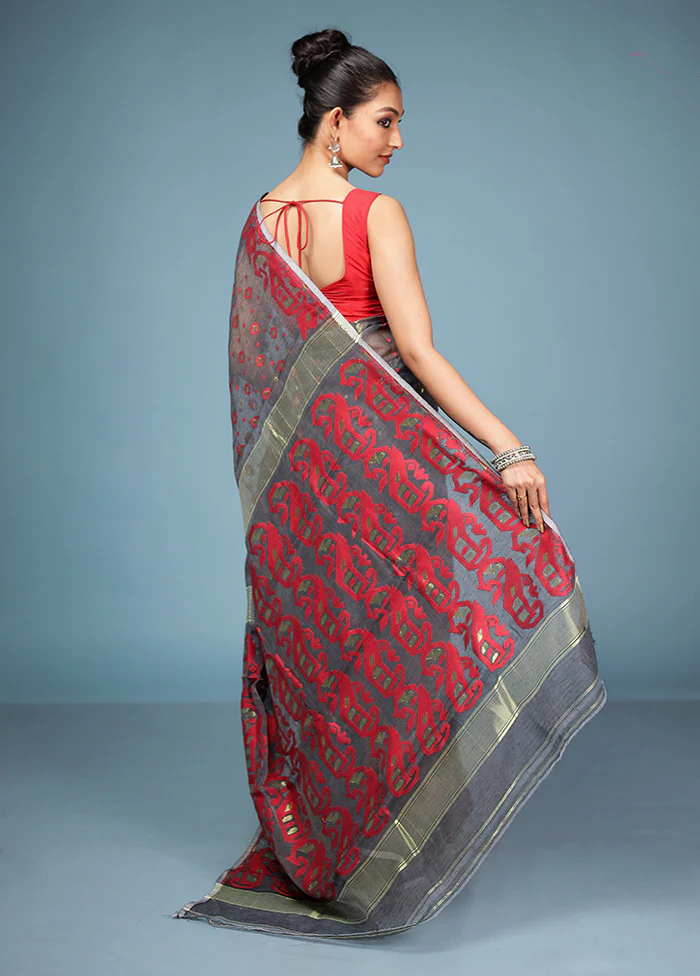 Black Tant Cotton Saree Without Blouse Piece - Image 3