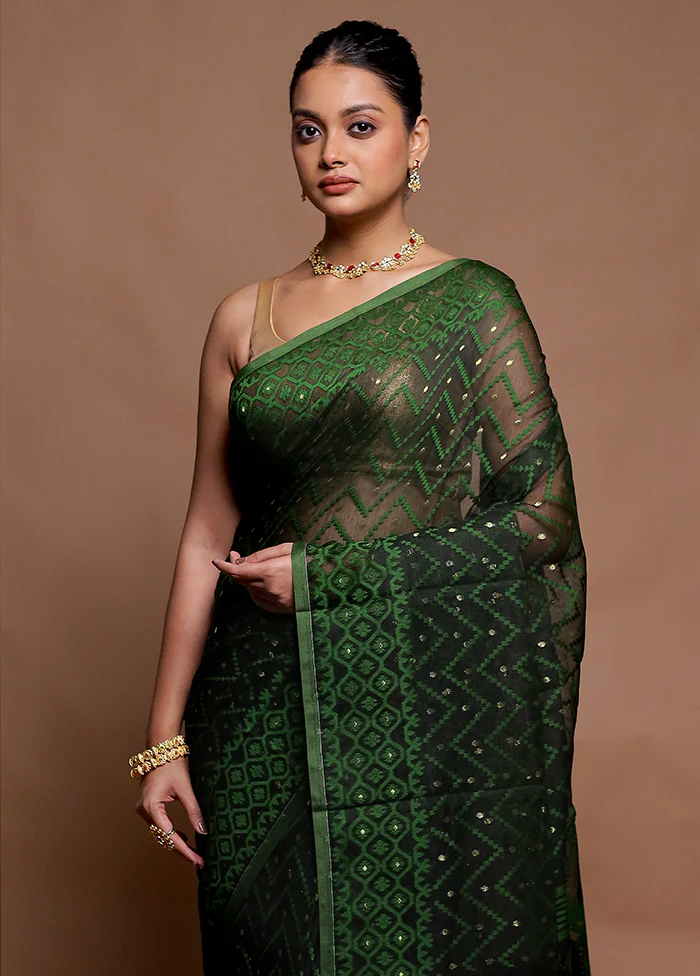 Black Tant Jamdani Saree Without Blouse Piece - Image 2