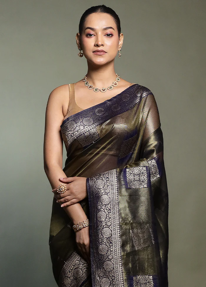 Black Tissue Silk Saree With Blouse Piece - Image 2