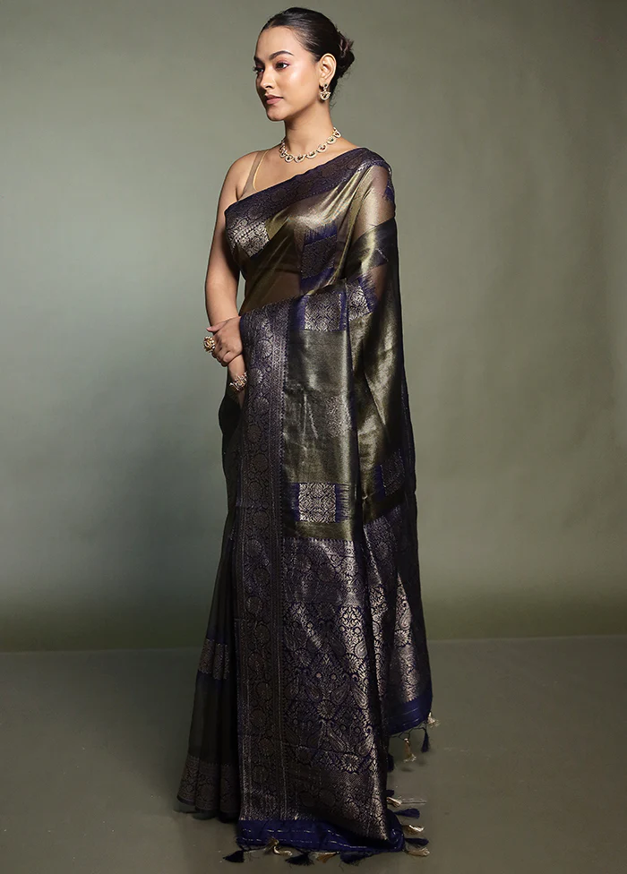 Black Tissue Silk Saree With Blouse Piece - Image 4