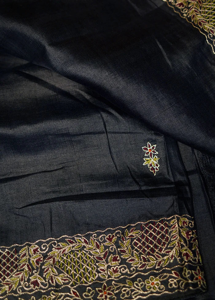 Black Tussar Pure Silk Saree With Blouse Piece - Image 2