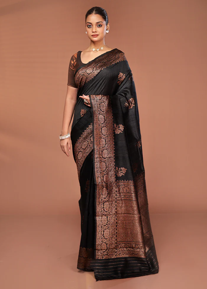 Black Tussar Pure Silk Saree With Blouse Piece - Image 2