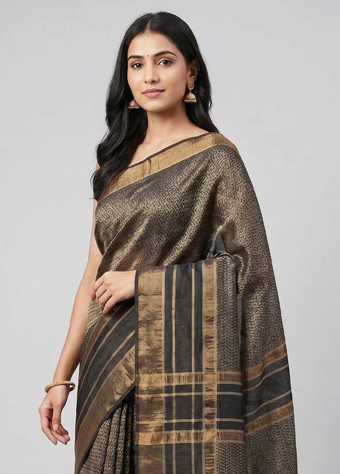Black Tussar Silk Saree With Blouse Piece - Image 2