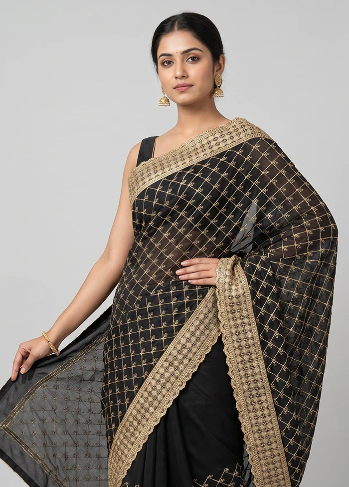 Black Tussar Silk Saree With Blouse Piece - Image 2