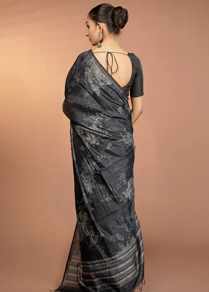 Black Tussar Silk Saree With Blouse Piece - Image 3