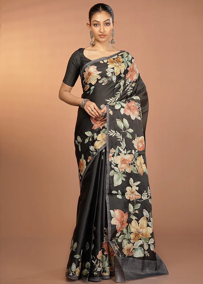 Black Tussar Silk Saree With Blouse Piece - Image 2