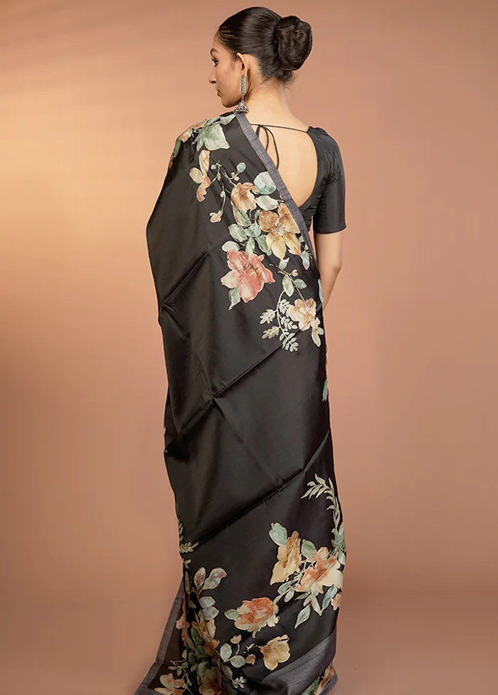 Black Tussar Silk Saree With Blouse Piece - Image 3