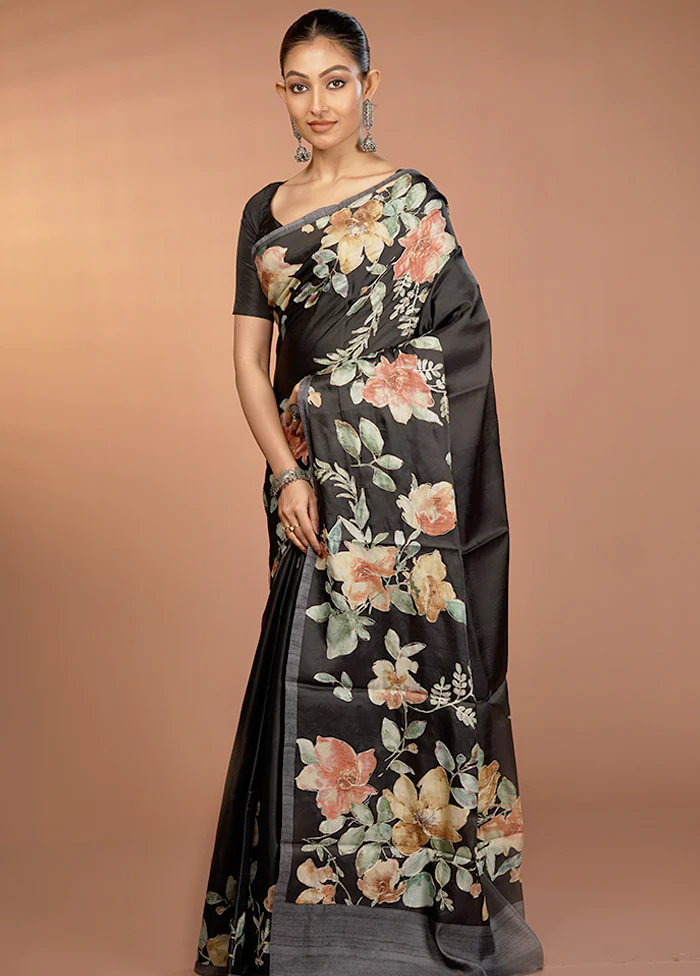 Black Tussar Silk Saree With Blouse Piece - Image 4