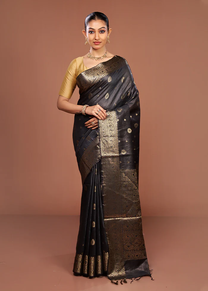 Black Tussar Silk Saree With Blouse Piece - Image 2