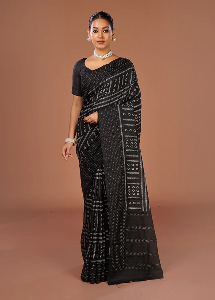 Black Tussar Silk Saree With Blouse Piece - Image 2