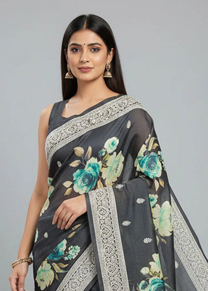 Black Tussar Silk Saree With Blouse Piece - Image 2