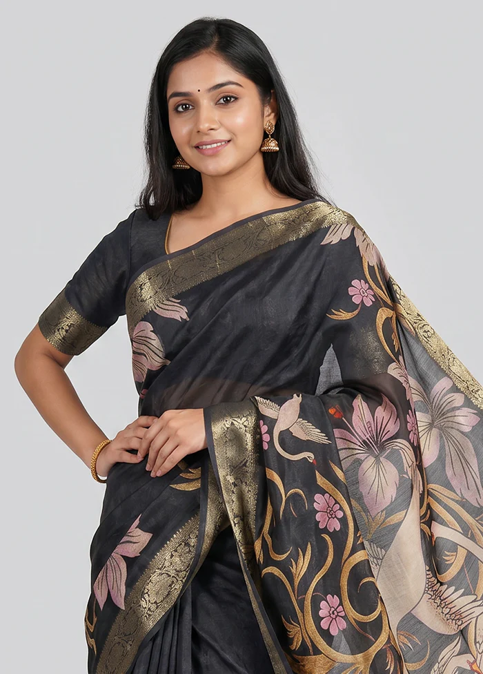 Black Tussar Silk Saree With Blouse Piece - Image 2