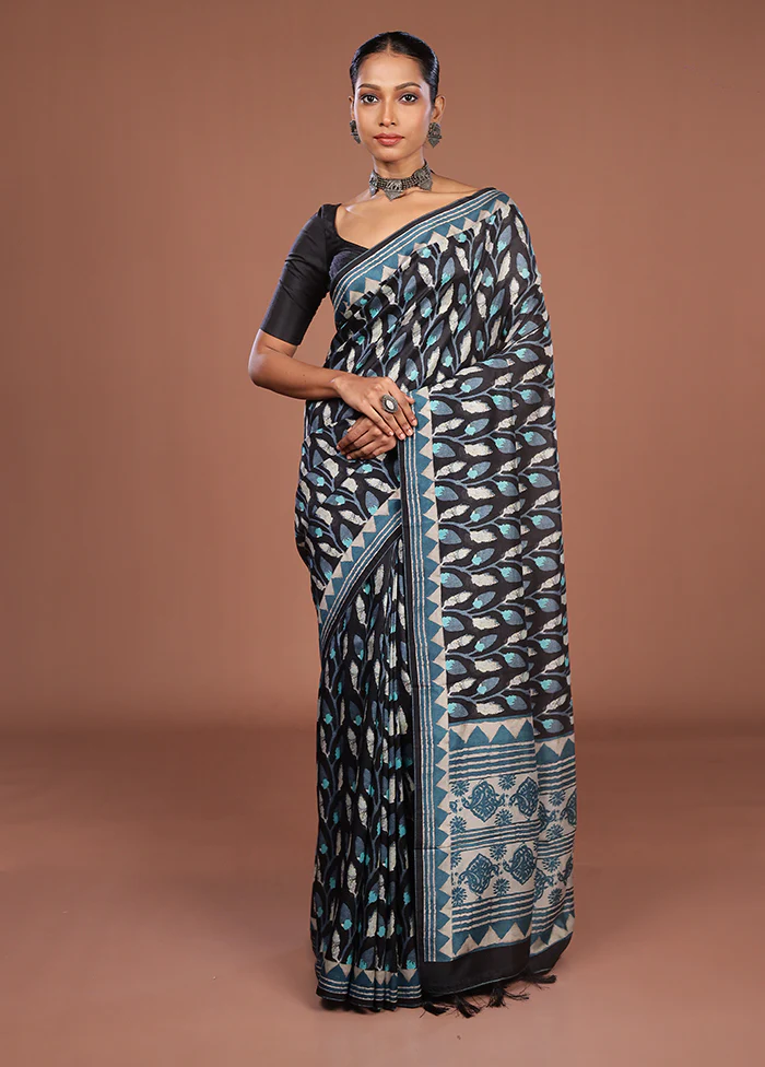Black Tussar Silk Saree With Blouse Piece - Image 2