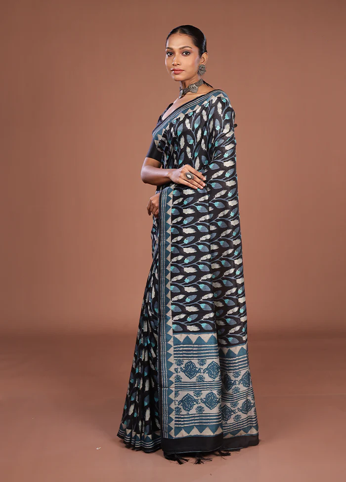 Black Tussar Silk Saree With Blouse Piece - Image 4