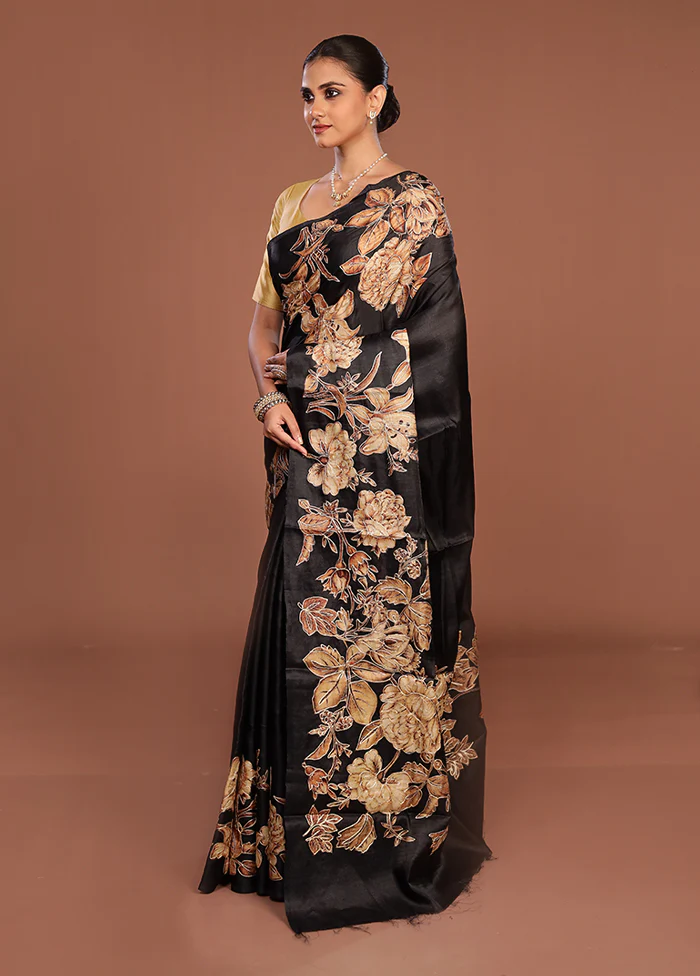 Black Tussar Silk Saree With Blouse Piece - Image 4